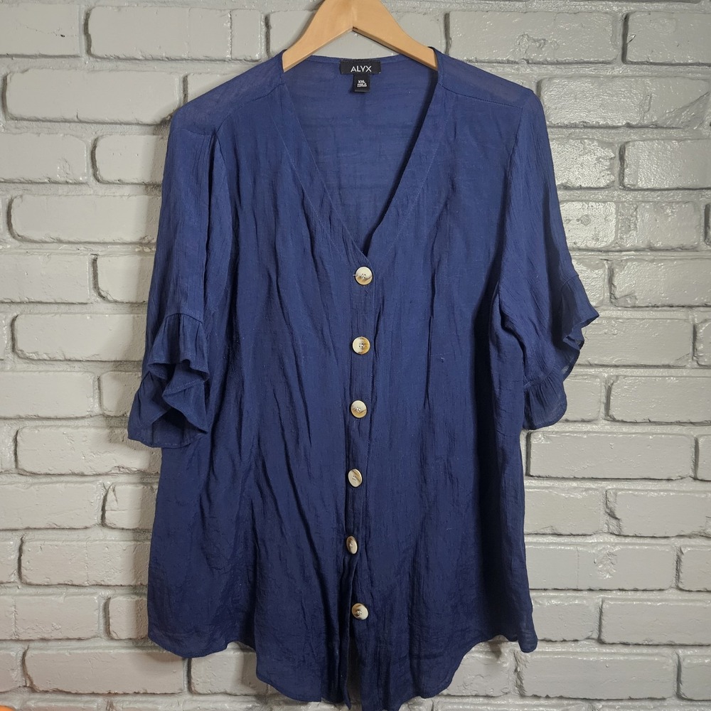 Alyx Womens Shirt XXL 2XL Blue Button Down Ruffle Sleeve